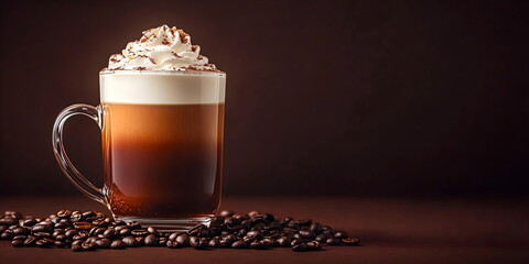 Irish coffee in glass mug with whipped cream topping and coffee beans on dark background with copy space