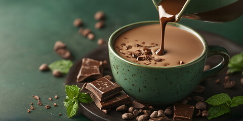 Pouring hot chocolate into green mug with mint leaves and dark chocolate pieces on green background