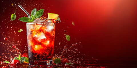 Dynamic splash of mai tai cocktail with mint, lemon and cherries on red background