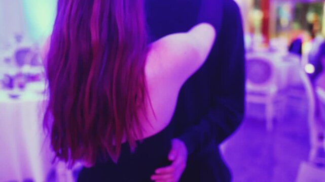 High school graduates dancing on prom, waltz and classical ball dance in dresses and suits on school graduation party, girls and boys classical ballroom dancers, couples dance quadrille and polonaise