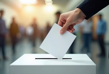 A hand deposits a voting ballot into a ballot box, captured with a shallow depth of field that blurs the busy polling place in the background.