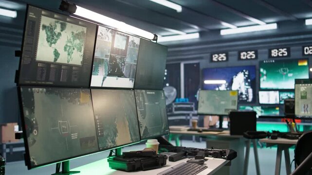 Secure room in army governmental facility used for surveillance monitoring. Empty military base of operations with radar systems, tracking enemy aircraft entering airspace