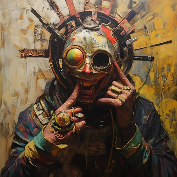 Crazy futuristic clown robot madman