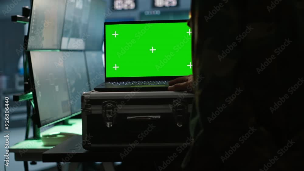 Poster army specialist working in war room operating surveillance tech, evaluating target data on isolated 