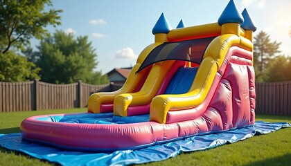 A vibrant inflatable water slide in a sunny backyard, showcasing children enjoying a fun, playful atmosphere.






