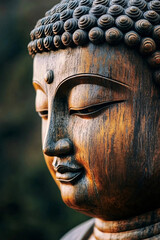 A serene close-up of a wooden Buddha statue, showcasing intricate details in the facial expression and textured surface, bathed in warm, soft lighting that emphasizes its peaceful and meditative prese