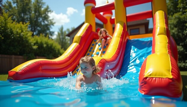 A vibrant inflatable water slide in a sunny backyard, showcasing children enjoying a fun, playful atmosphere.






