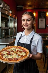 Indulge your senses with this waitress serving pizza image - a delectable visual feast that's sure to leave you craving more. Elevate your space with the mouthwatering magic of a beloved neighborhood 