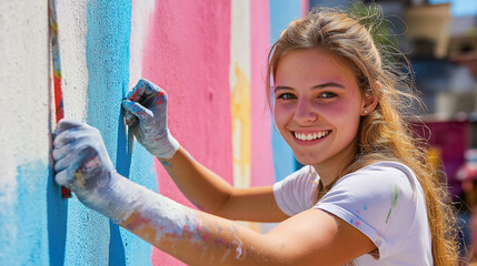 Volunteers painting murals in public spaces