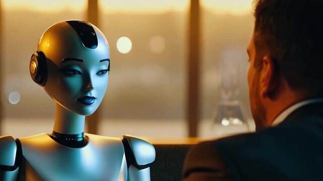 Elegant gynoid holding a glass of wine while having a conversation with a businessman in a restaurant