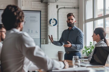 Businessman leading collaboration meeting with laptop for idea generation and employee training