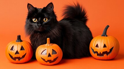 Long-haired black cat with orange pumpkins on Halloween orange color background with copy space