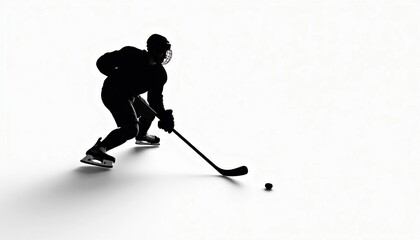 Obraz premium Strong silhouette of a hockey player on a white background, with subtle shadow play to highlight shape and form. Simple, versatile composition allows easy text addition.