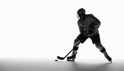 Obraz premium Strong silhouette of a hockey player on a white background, with subtle shadow play to highlight shape and form. Simple, versatile composition allows easy text addition.