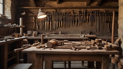 A detailed view of traditional handwork tools in an old workshop

