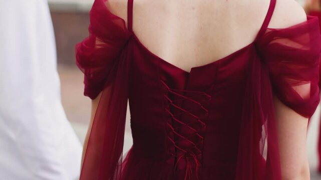 High school graduates dancing on prom, waltz and classical ball dance in dresses and suits on school graduation party, girls and boys classical ballroom dancers, couples dance quadrille and polonaise