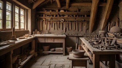 A detailed view of traditional handwork tools in an old workshop

