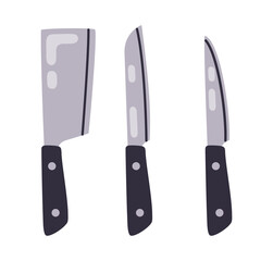 Chef knives. Kitchen cooking tools, meat and fish cutting knife flat vector illustration set. Food preparation daggers