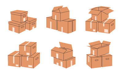 Moving boxes. Stacked cardboard boxes, cargo warehouse box piles, delivery containers stack flat vector illustration set. Hand drawn boxes collection