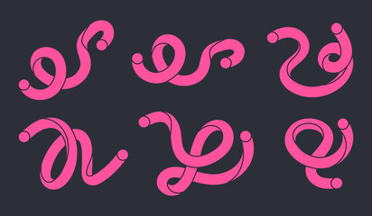 Scribble twisted lines. Hand drawn abstract colorful pink shapes, funny minimalist style scribbles flat vector illustration set. Cartoon comic scribble shapes