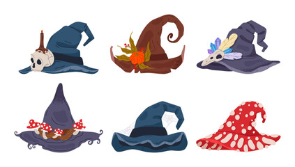 Witch Halloween hats. Halloween trick or treat october party magician costume elements, spooky pointy wizard hats flat vector illustration set. Hand drawn magician hats collection