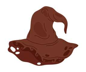 Witch thorn hat. Halloween spooky pointy wizard hat, trick or treat october party magic costume element flat vector illustration. Hand drawn magician hat