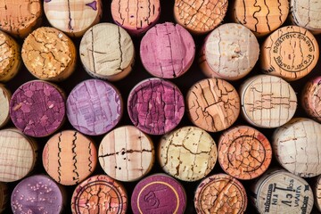 Assorted wine corks with grape motif in close up row creating a thematic background