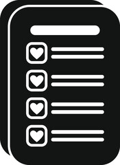 Black and white icon of a smartphone displaying a wish list with hearts, perfect for illustrating online shopping for valentine's day