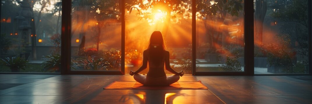 Silhouette of Woman Meditating on Yoga Mat with Sunset View, Tranquility and Wellness