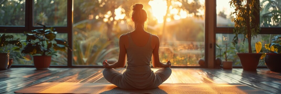 Woman Meditating in Yoga Pose at Home with Sunset View, Finding Peace and Tranquility