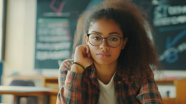 Young biracial female teacher teaches geometry in a high school classroom - Powered by Adobe