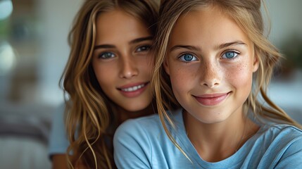 Fototapeta premium Portrait Of Two Happy Teenage Girls Smiling, Caucasian Teenager Sisters With Long Blonde Hair
