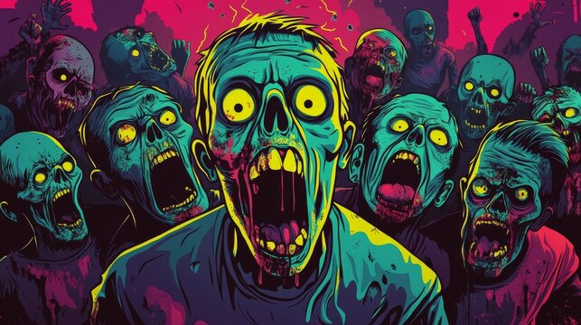 Zombies screaming in fear with vibrant colors and dark background – Halloween comic book style
