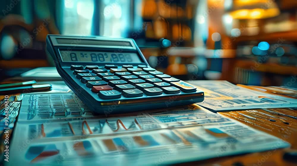 Poster close-up of a calculator resting on financial data charts. colorful digital graphic style with a blu