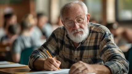 Senior man making notes in classroom