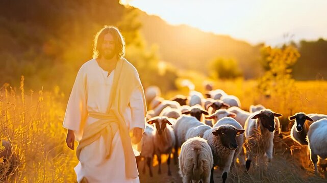  Jesus walk with hoard of sheep with morning light 