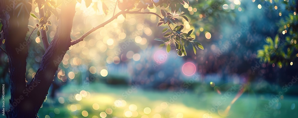 Poster sunlit tree branch with bokeh background