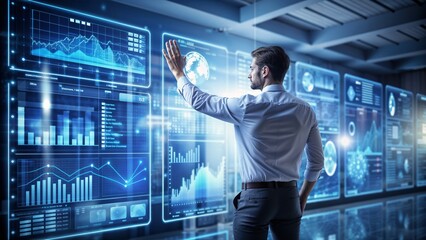 Businessman Using Digital Interface to Analyze Data in High-Tech Environment