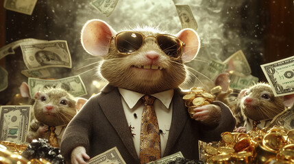 A photo of a group of rats wearing suits, greedily holding and hoarding everything they can find
