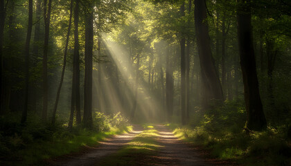Serene Woodland Walk with Gentle Sunbeams