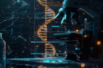 DNA double helix with infographics and a microscope for detailed scientific analysis, showcasing