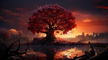 Pink tree with leaves in the shape of love hearts at sunset, romantic view for valentine's day