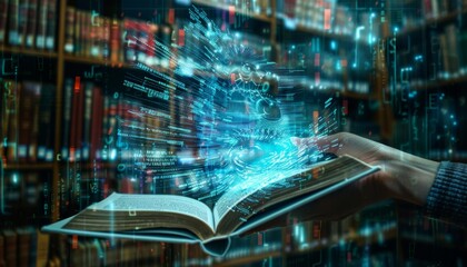 Hand grasping open book with integrated digital elements against a library backdrop, illustrating
