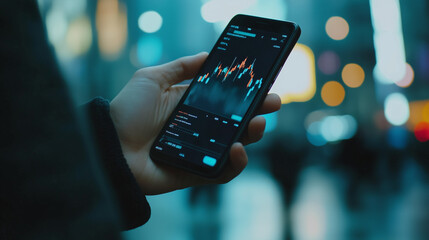 A hand holding a smartphone, stock market transaction visible from the back