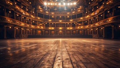Elegant classic theatre, empty and well-lit, adorned with golden decorations, awaiting an audience