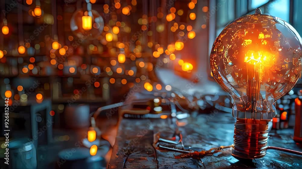 Poster conceptual image with lightbulb with moving gears as a symbol of an idea on dark background
