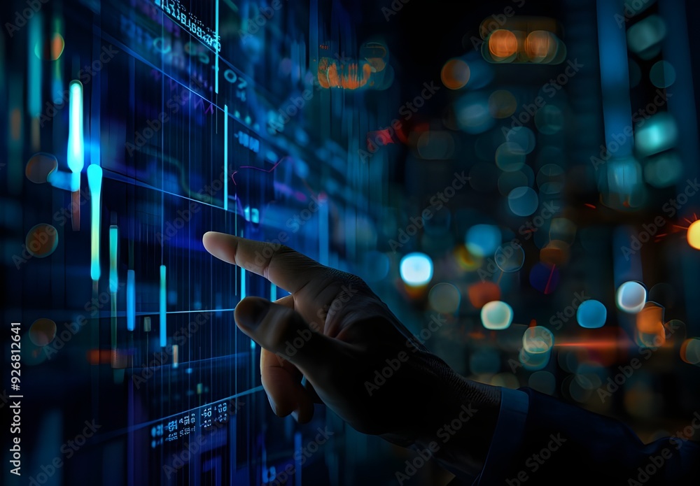 Poster a businessman touching on virtual screen displaying stock market graph and financial data with dark 