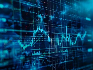Fototapeta premium A stock market graph with blue and white lines, indicating an up trending financial backdrop, set against a dark background. 