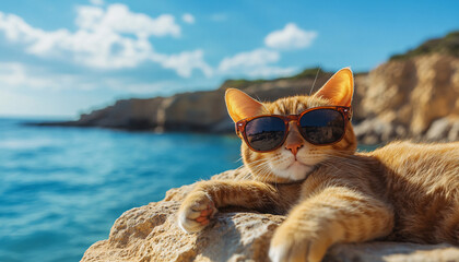Lazy cat wearing sunglasses and chilling on a beach - funny travel concept