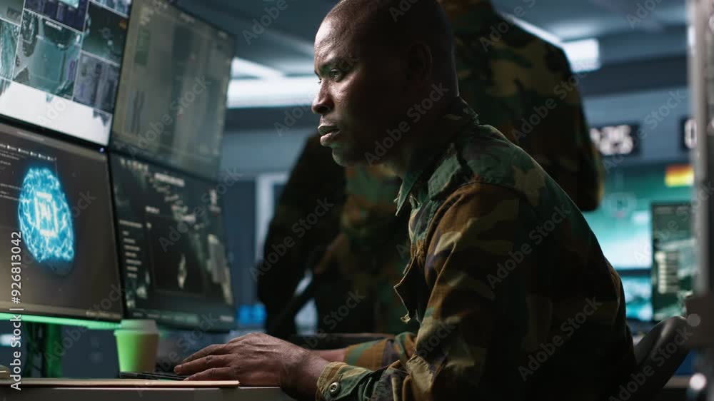 Poster army software developer employing ai tech in military planning and decision making. african american